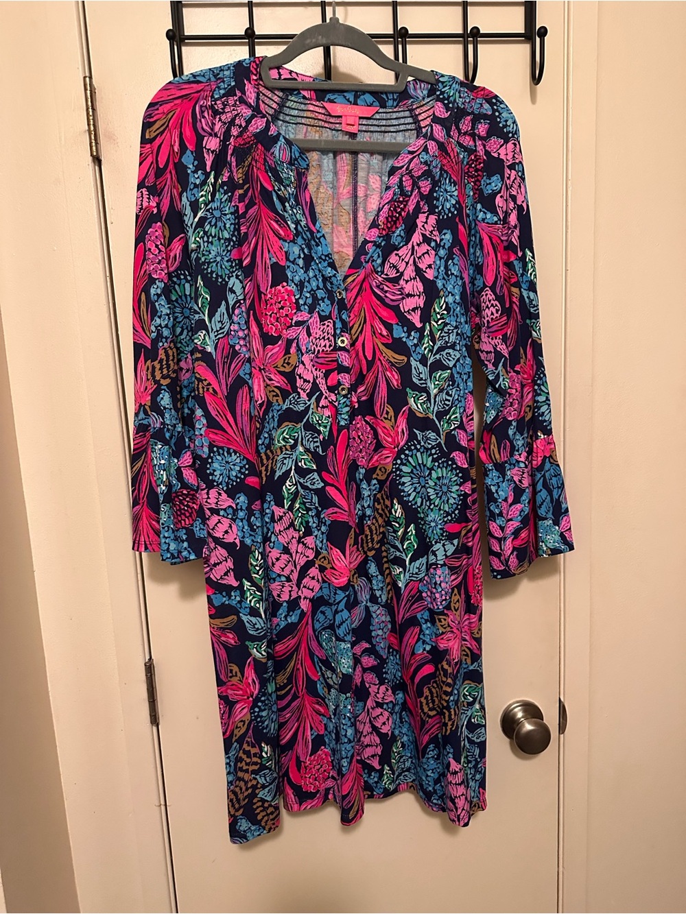 Lilly Pulitzer Navy Midi Dress with Pink & Blue Floral Print